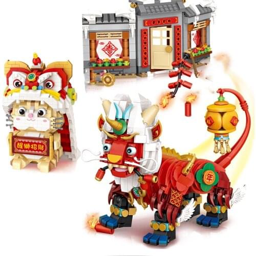 Chinese New Year Lucky Cat Cattle Model Building Blocks Cute Figures Kit Micro Bricks Set Educational Toys for Children Gifts