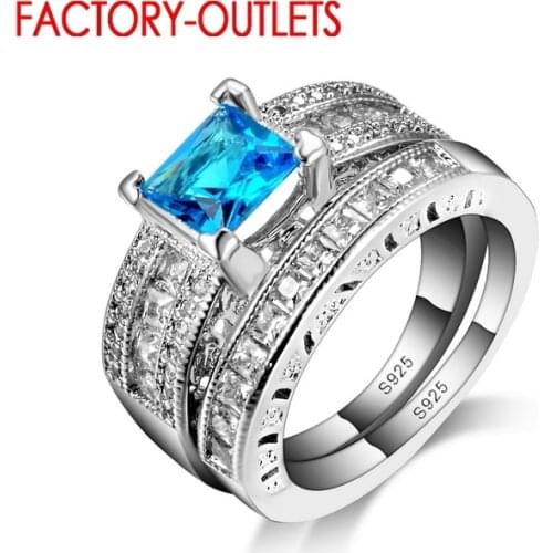 Elegant Blue CZ Crystal Finger Ring Set 925 ColorWedding Engagement Rings Set For Women Brand Bridal Jewelry