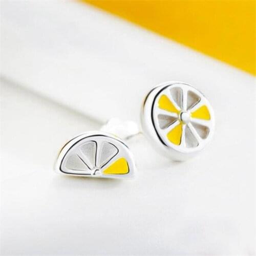 Creative Fruit Personality Fashion 925 Sterling Silver Jewelry Fresh Lemon Asymmetric Yellow Epoxy Stud Earrings SE565