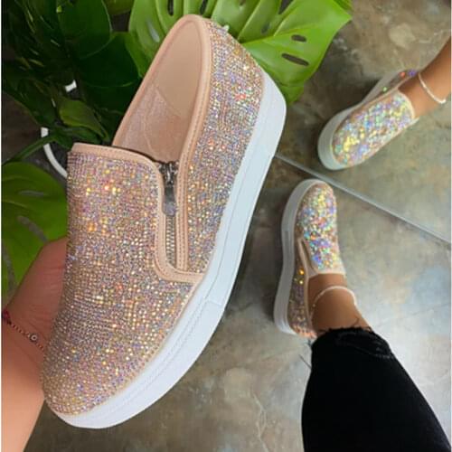Women Crystal Loafers Bling Platform Zip Sneakers Vulcanized Spring Autumn Flats Walking Shoes Womens Bling Big Size Footwear