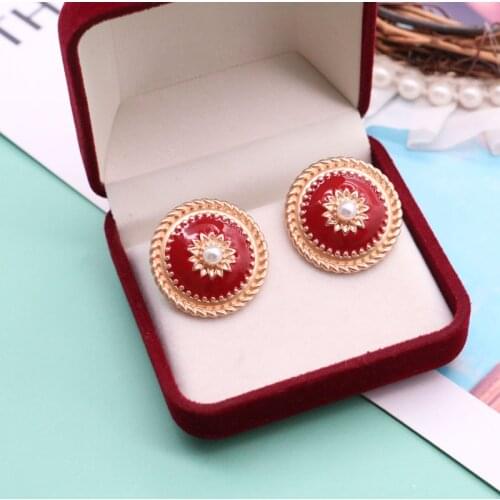 Round Earrings Oil Painting Red Imitated Pearls Pretty Retro Wedding Party Mujer Gift