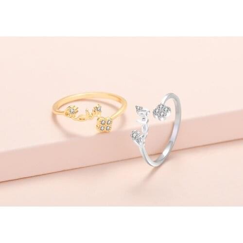 Lyvior Lucky Charm Four Leaf Clover Cubic Zirconia Adjustable Open Faith Ring Birthday Jewelry Gift for Women Girls and Teens