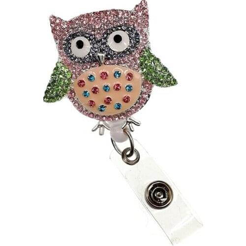 Fashion Rhinestone Enamel Owl Animal Retractable Nurse ID Badge Holder Reel