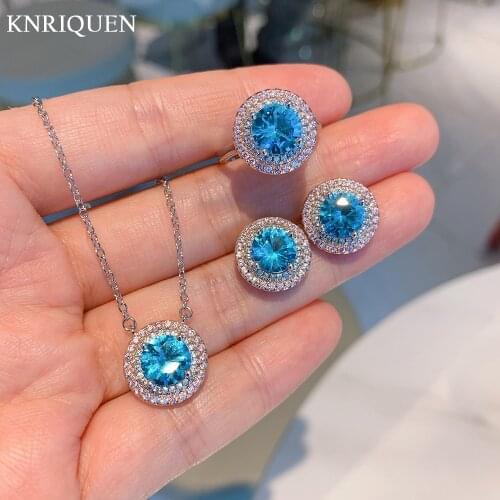 Luxury 925 Sterling Silver Wedding Jewelry Sets for Women Charms Aquamarine Lab Diamonds Rings Earrings Pendant Necklace Gift