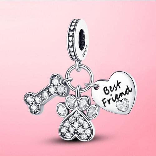 2021 New Beads 925 Sterling Silver Cute Bone Footprint CZ Dangle Charm Pendant Fit Original Pandora Bracelet Best Friend Gift