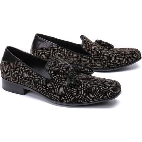 Luxury Black Evening Party Crystals Mens Leather Shoes Loafers Italian Style Tassel Driving Formal Shoes Prom Zapatos Hombre