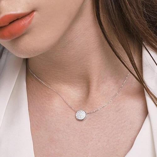 SILVERHOO 925 Silver Collarbone Chain All-match Shiny Round Cubic Zirconia Pendant Necklace for Party