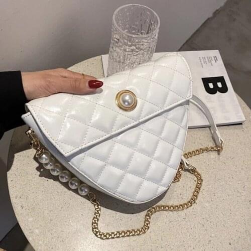 Triangle-shape Lattice Square Tote Bag 2021 Fashion Quality PU Leather Womens Designer Handbag Pearl Handle Shoulder Bag Purses