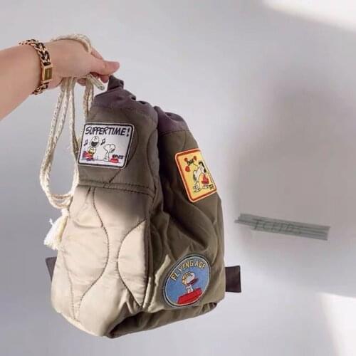 Japanese Retro Patch Cotton Quilted Drawstring Bag Student Outing Backpack