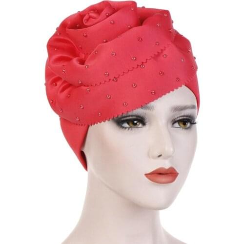 MANYUE-CO Women Beaded Glitter Turban Big Flowers Headband Wedding Party Head Scarf Hair Lose Cap Head Wraps Hair Accessories