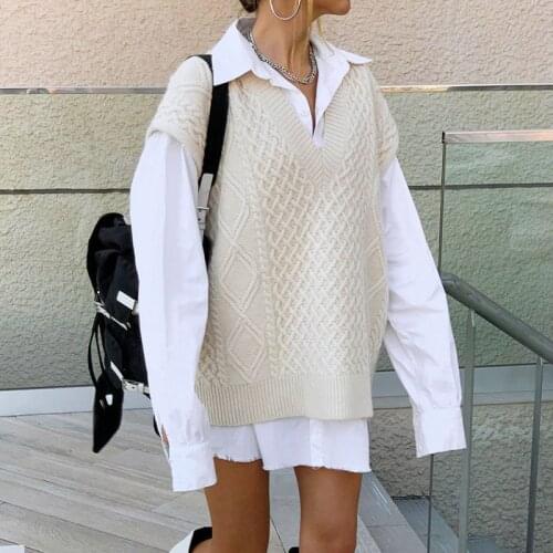 Ardm Casual Oversized Sweater Vest Za 2020 Kintted V Neck Sweater Vintage Brown Winter Sweater Vest Women Femme Korean Chic Tops