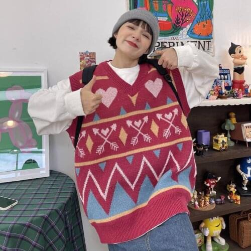 Womens Knitted Vest 2021 Autumn Winter Korean Loose Sweater Female Vest Love Female Student Lazy Outerwear Warm Vests for Women