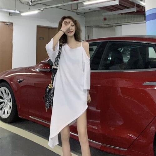 Sexy White Dress Summer 2021 Women Clothing Spaghetti Strap Asymmetrical Diagonal Collar Loose Waist Vintage Dresses