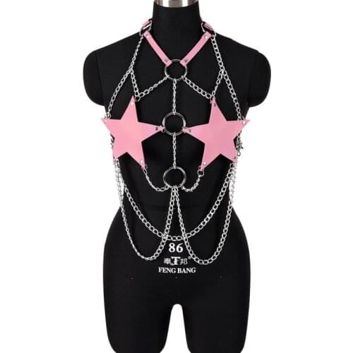Pink Pentagram Leather Harness Body Cage Chest Chain Metal Tops Belt Sexy Punk Goth Plus Size Dance Party Women Lingerie Adjust