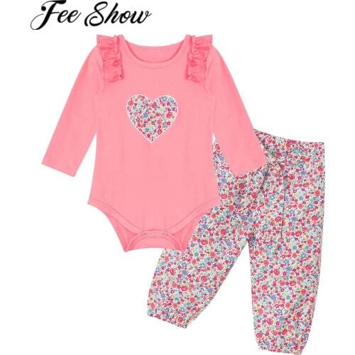 2Pcs Baby Set Newborn Toddler Girls Clothes Ruffle Heart Print Long Sleeve Romper Bodysuit+Flower Print Pants Clothes Outfits