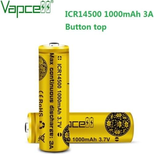 Free shipping VapCell original Botton top 14500 1000mah 3A with cap li lon 3.7 v PK 14500p for flashlight battery