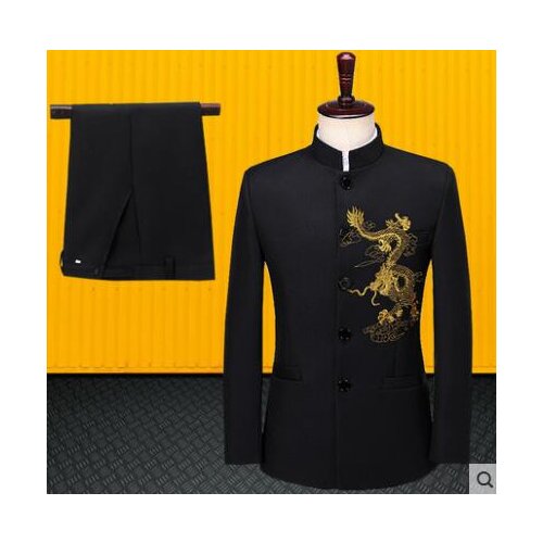 Blazer men groom suit set with pants mens wedding suits costume singer Embroidered stand collar clothing formal dress black b588