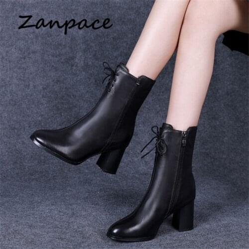 New Women Boots 2020 Autumn Leather Shoes Side Zipper Black Martin Women Ankle Boots High Heel Women Shoes Large Size 35-42