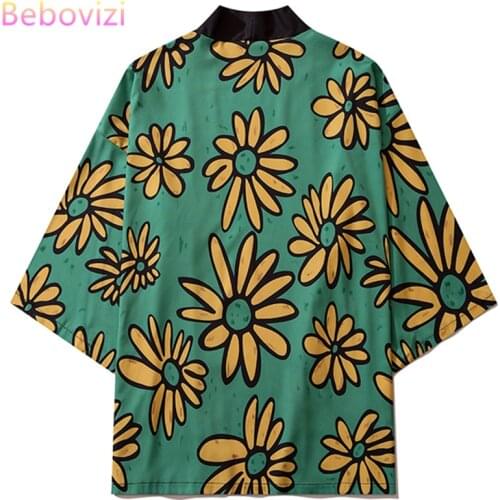 Women Japanese Yukata Female Men Asian Clothes Kimono Cardigan Shirt Women Traditional Green Flowers Print Kimono Beach Haori