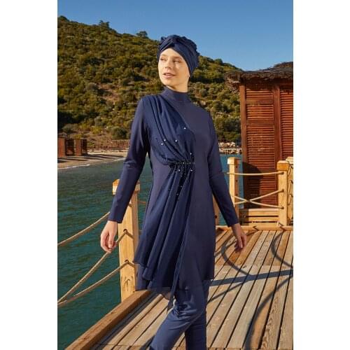 Lycra Full Off Hijab Swimwear Tulle Pearl Detail 4248 Dark Navy Blue Turkish' Muslim Swimsuit Burkinis Modest Clothing Islamic Lon