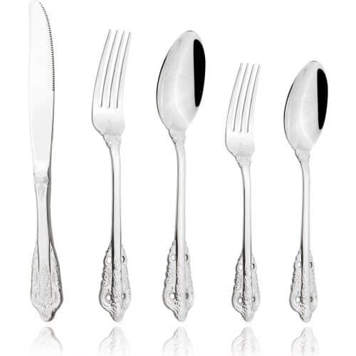 304 Stainless Steel Vintage Western Silver Tableware Set 5pcs Dessert Knife Forks Spoons Golden Luxury Dinnerware Sets Engraving