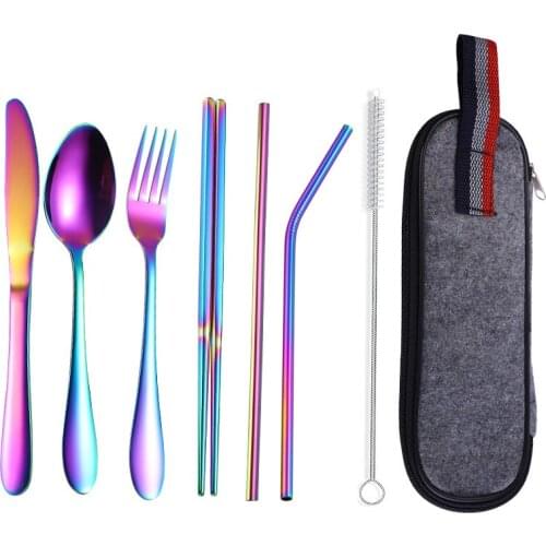 Stainless steel dinner set outdoor Western food straw knife fork spoon chopsticks portable tableware bag