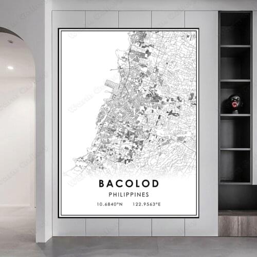 Prints Nordic Style Paintings Picture for Living Room Black and White World City Map Bacolod Philippines Wall Art Canvas Poster