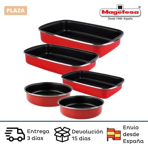 Rectangular and round MAGEFESA kiln molds in Garnet vitrified enamelled steel suitable for induction and dishwasher