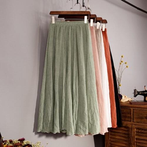 Summer New Style Ladies Pure Color Cotton Linen Pleated Long Skirt Female Harajuku Casual Stretch High Waist Skirt