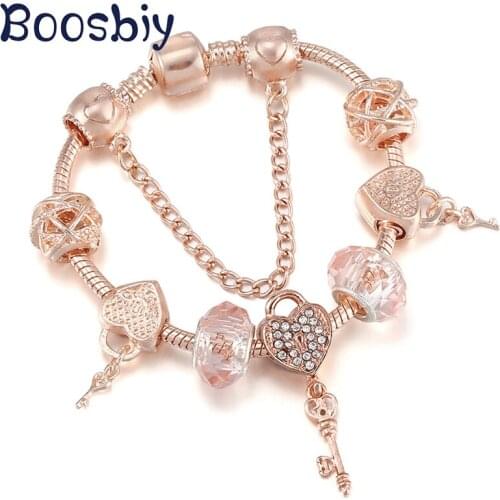 High Quality Rose Gold Beads Charm Bracelets For Women With Crystal Love Key Pendants Bracelets Fashion Brand Jewelry Gift