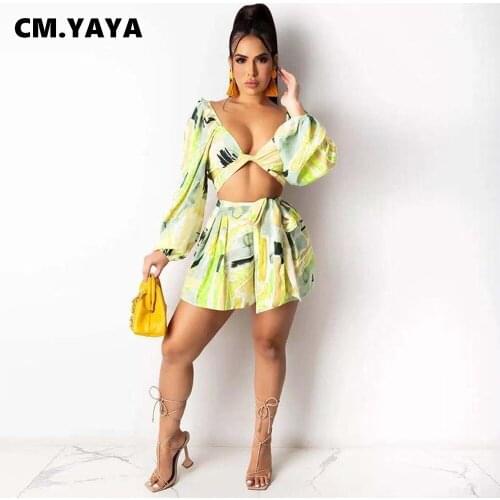 CM.YAYA Women Set Print Full Puff Sleeve V-neck Crop Tops Loose Shorts Two 2 Piece Sets Sexy Fashion Streetwear Summer Outfits