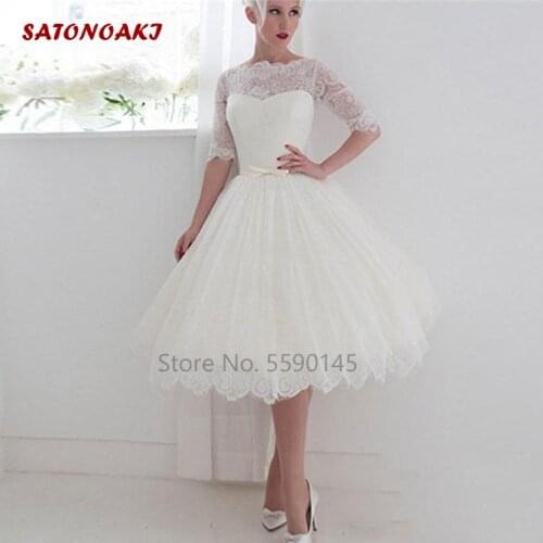 2020 Short Wedding Dress Scoop Neck Half Sleeves Lace Illusion Back Beach Spring Tea Length Bridal Gown Vestido De Novia Mariage