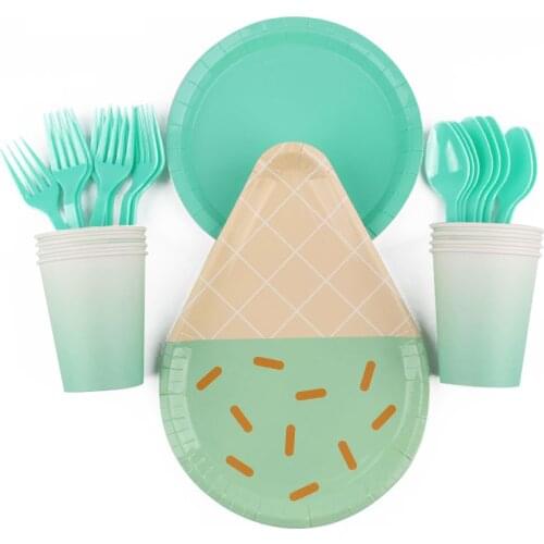 40Pc/Set Green Ice Cream Theme Disposable Tableware Birthday Decoration Baby Shower Plate Forks Spoons Tablecloth Party Supplies