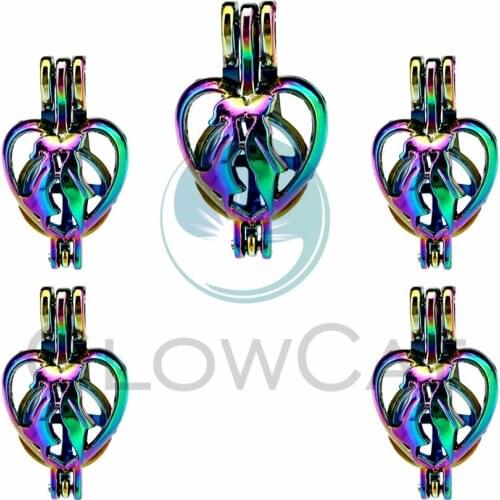 5X Rainbow Heart Couples Cage Locket Pendant Jewelry DIY Bead Cage Aroma Essential Oil Diffuser For Oyster Pearl