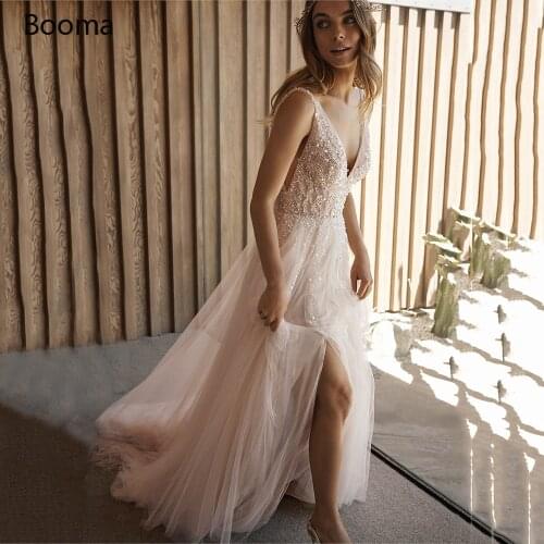 Sparkly Beach Wedding Dresses V-Neck Heavy Beaded Split Bridal Gowns Backless A-Line Long Tulle Bride Dresses