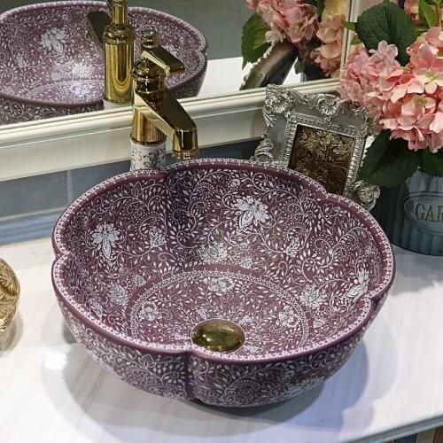 Flower shape Europe Vintage Style Art wash basin Ceramic Counter Top Wash Basin Bathroom Sinks vessel sinks bathroom bowl