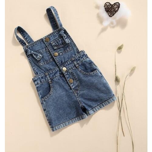 FOCUSNORM Summer Lovely Kids Girls Overalls Jumpsuits Blue Denim Square Collar Pocket Button Rompers 1-6Y