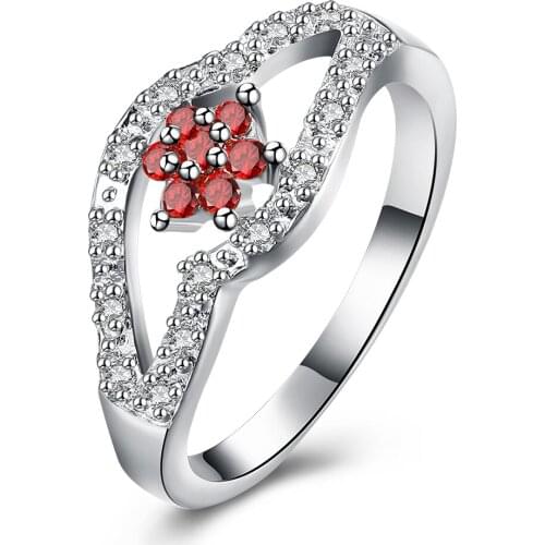 Hot Sale Exquisite Flower-Shaped Garnet White Crystal Ring 925 Sterling Silver Engagement Wedding Ring Size 8 R278