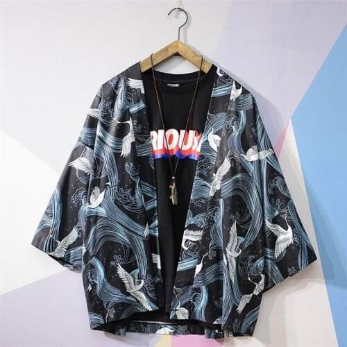 Japanese Style Print Kimono Cardigan Men Summer Plus Size Three-quarter Sleeve Top Loose Cardigans Camisas Para Hombre 2021