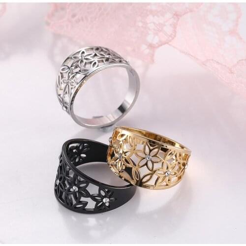 COOLTIME Flower Zircon Finger Rings Women Stainless Steel Rhinestone Casual Couple Rings Men Engagement Jewelry Wedding Gift