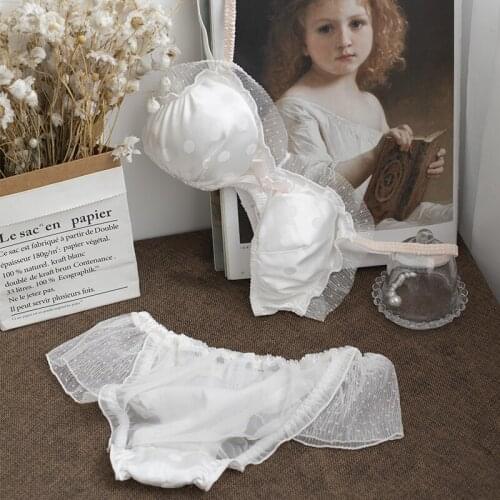 Cute Sweet Dot Printing Bra & Panties Set Silk Wirefree Soft Super Thin Underwear Ruffles Trim Sleep Intimates Set Kawaii Lolita