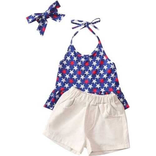 3Pcs Kids Summer Tracksuit, Girls Star Print Lace-Up Halter Neck Tank Tops + Solid Color Shorts + Hairband, 18 Months to 6 Years