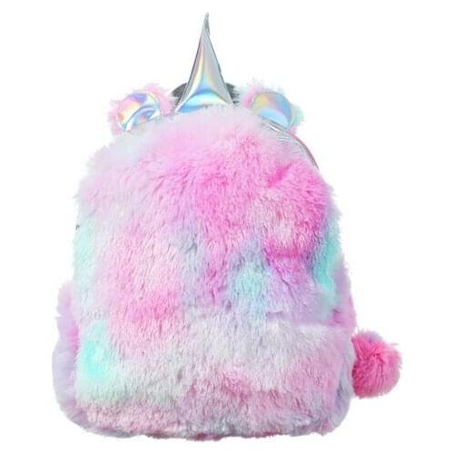 Mini Unicorn Backpack Bags For Women 2021 Winter Faux Fur Small Bagpacks Hologram Leather Teenager Schoolbag Mochila Feminina
