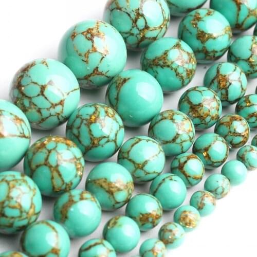 Natural Stone Green Howlite Spun Gold Turquoises Round Loose Beads For Jewelry Making DIY Bracelet Accessories 4 6 8 10 12mm