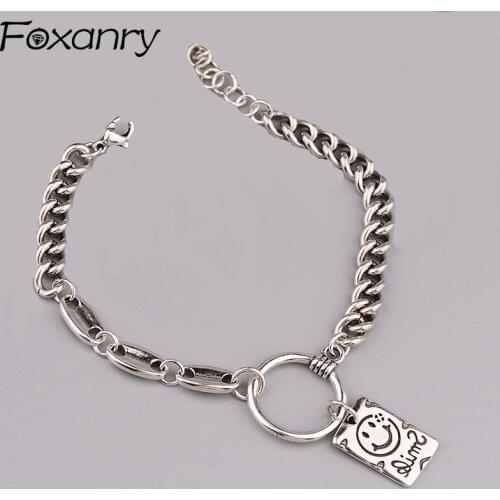 Foxanry 925 Sterling Silver Bracelets New Fashion Hip Hop Couples Creative Splicing Chain Smiley Face Square Card Party Jewelry