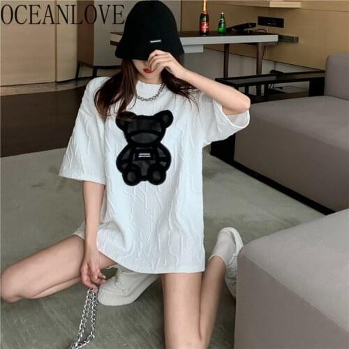 OCEANLOVE 2021 Spring Summer T Shirt Women Tops Cartoon Loose Short Sleeve Camisetas De Mujer Korean Kawaii T-shirt Retro