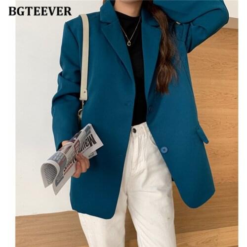 BGTEEVER Casual Loose Female Suits Jackets Notched Collar Long Sleeve Women Solid Blazer Pockets Ladies Outerwear 2021