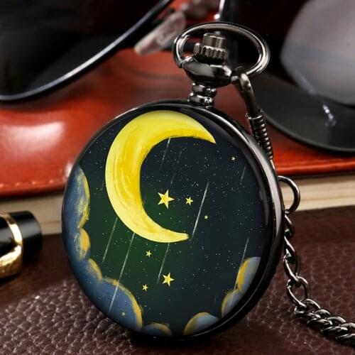 Romantic Moon Stars Meteor Shower Quartz Pocket Watch Chain FOB Clock Digital Dial Cosplay Gifts Lucky Clocks For Girls Women