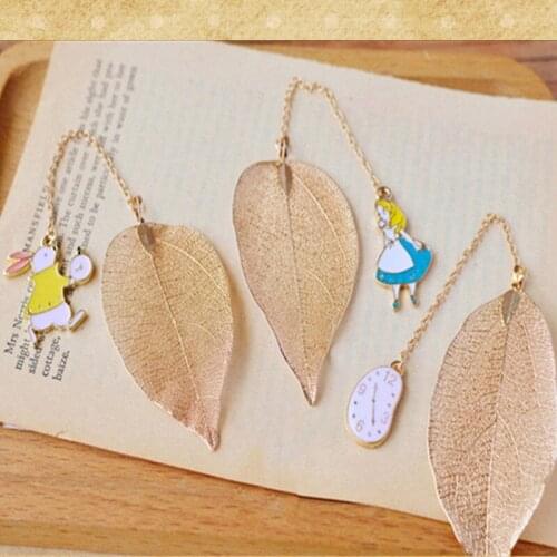 Cartoon Cute Alice Rabbit Clock Bookmark Golden True Leaf Pendant Fashion Fine Lovely Gifts