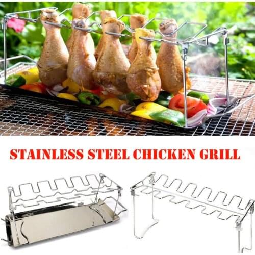 14 Slot Stainless Steel Chicken Leg Rack Grill Holder Rack with Drip Pan Iron Solid New Stainless Steel 2020